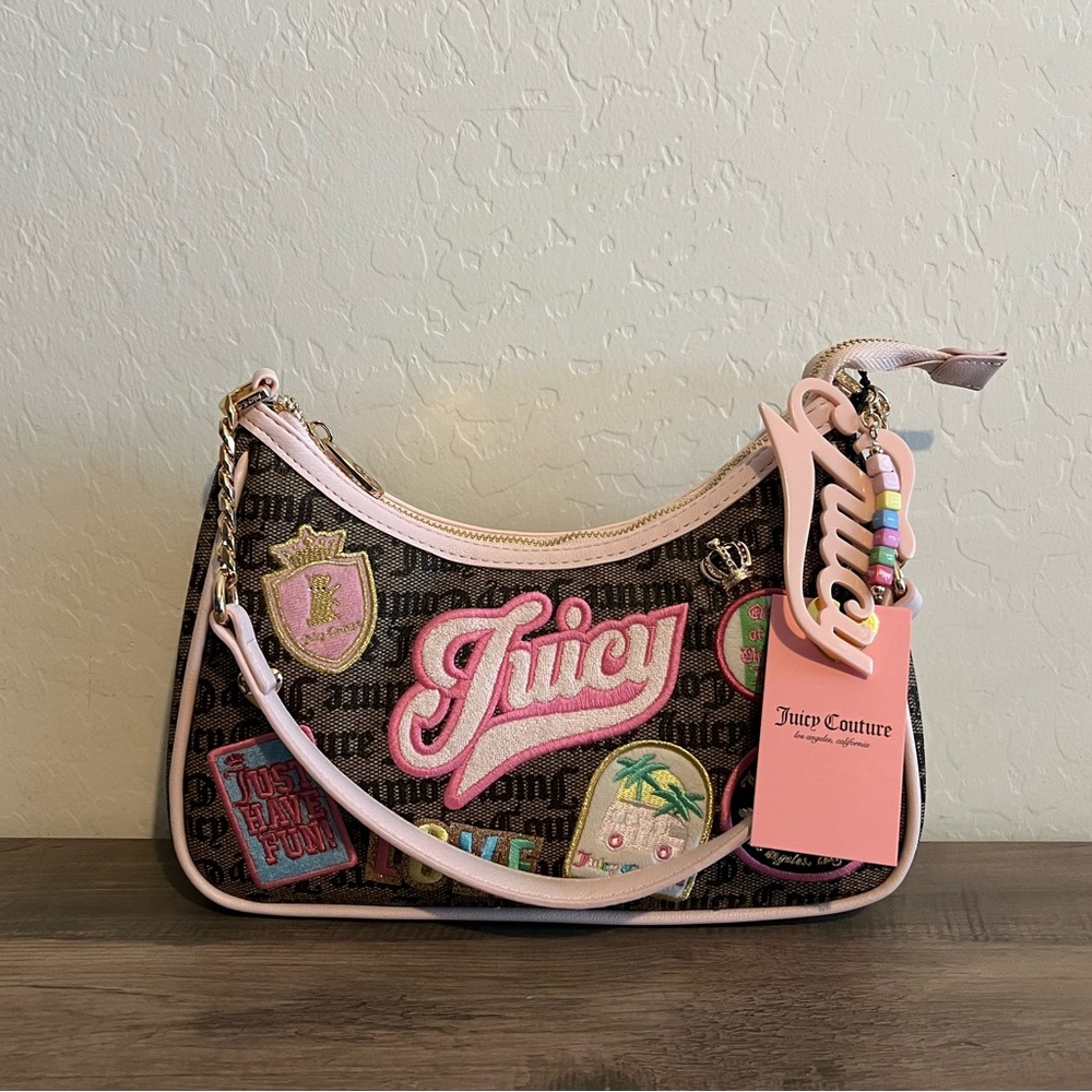 Juicy Couture Brown Logo Patch Shoulder Bag with Pink Trim